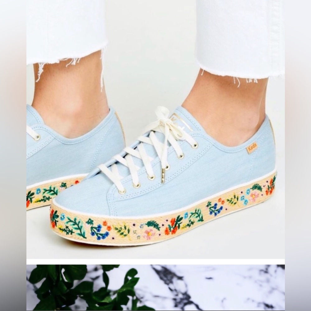 Rifle Paper Co x Keds Embroidered Tread Sneakers Size 5.5 Rosalie Blue